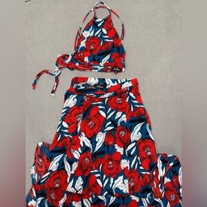 Lulu's Red Floral 2- piece dress with halter top.
